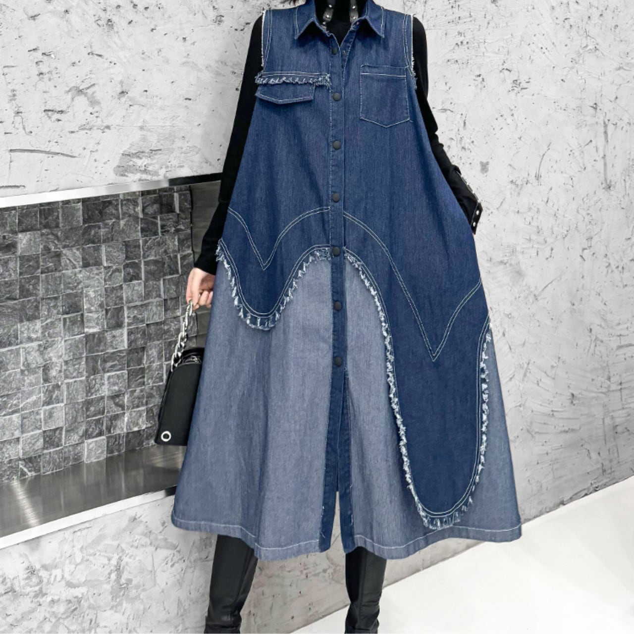 デニム素材切り替えデザイン ロングシャツワンピースR1113