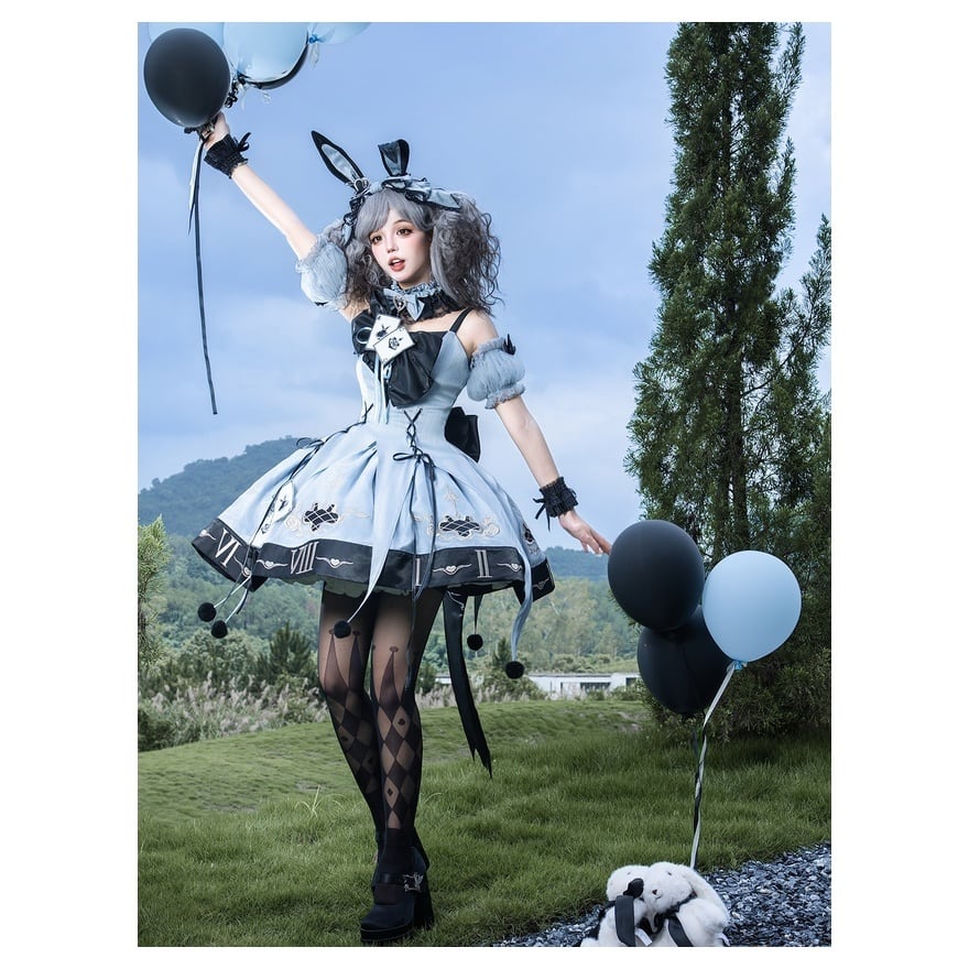 ロリータファッション 甘ロリ水色黒ワンピースセット 袖パーツ付き