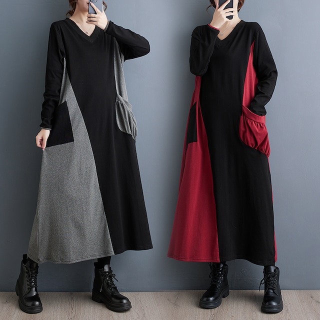 CONTRAST STITCH DESIGN V-NECK A-LINE LONG DRESS 2colors M-8195