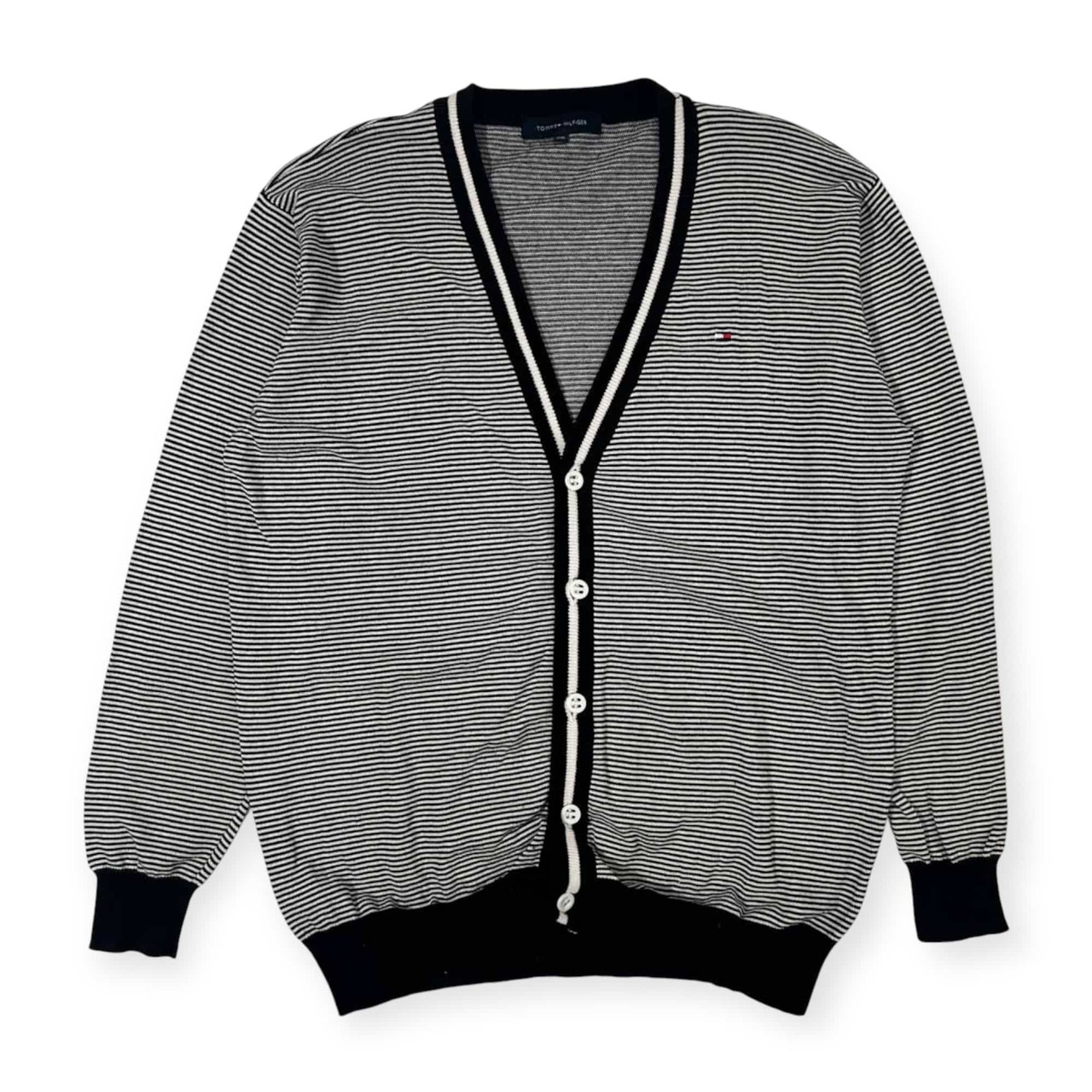 TOMMY HILFIGER トミーヒルフィガー Vネック コットン ニット カーディガン XXL/ブラック×ホワイト メンズ