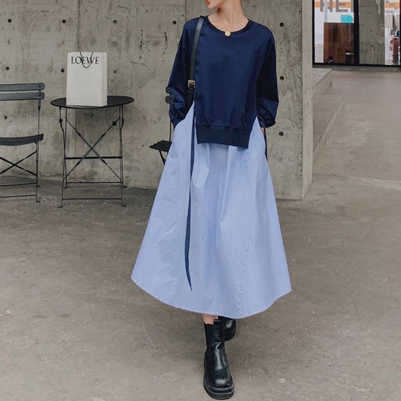 S Xl フェイクツーピースブルーワンピース Kire Kawa 大人カジュアル