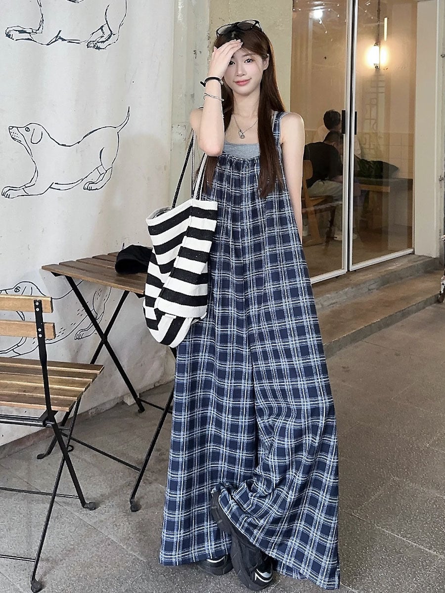 ブルーチェック柄ワイドロングサロペットパンツ チェック ブルー ブルーチェック柄ワイドロングサロペットパンツ チェック ブルー