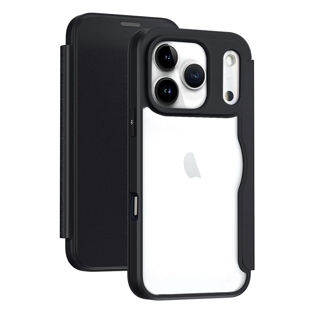 YUYIB スマホケース 対応 iPhone17 Pro ケース 手帳型 背面 クリア 透明 高級なPUレザー+PCパネル+TPUバンパー マグネットが内蔵 衝撃吸収 軽量薄型 ブランド アイフォン17プロ 手帳型 カバー (ブラック)