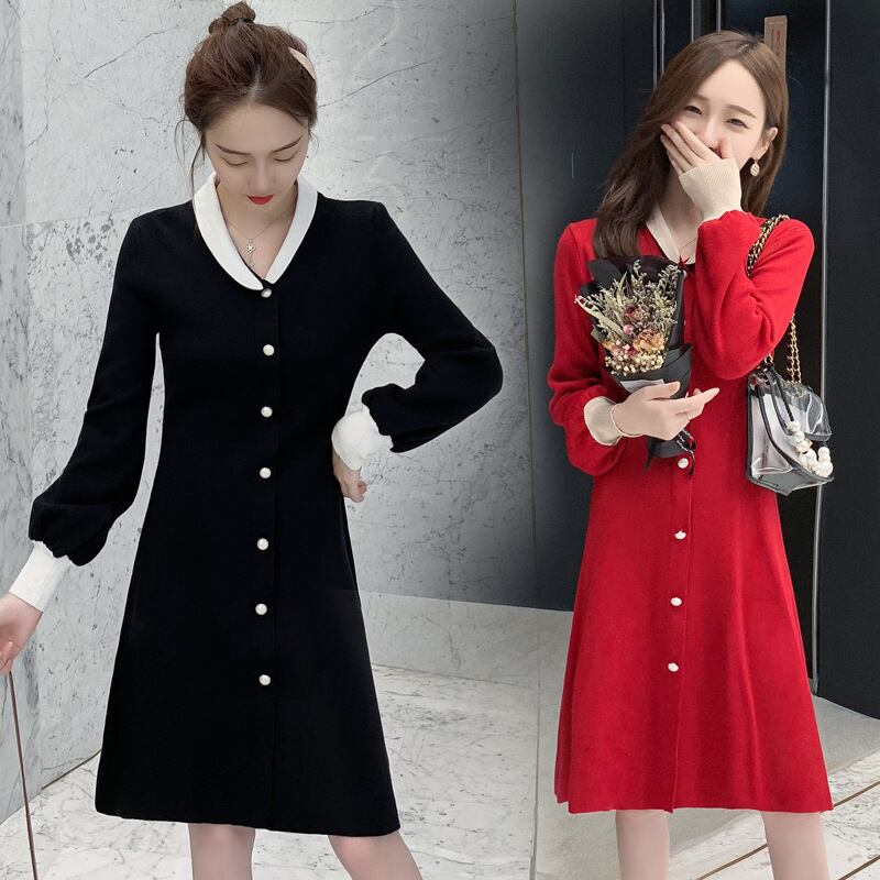 【新作】【送料無料】 マタニティこの2019年秋冬ファッションカラーマッチングラペル母乳育児ドレス妊婦、ミドル丈ニット看護ドレス-アリババ オータム 秋物 ウィンター 冬物 expec250001605031