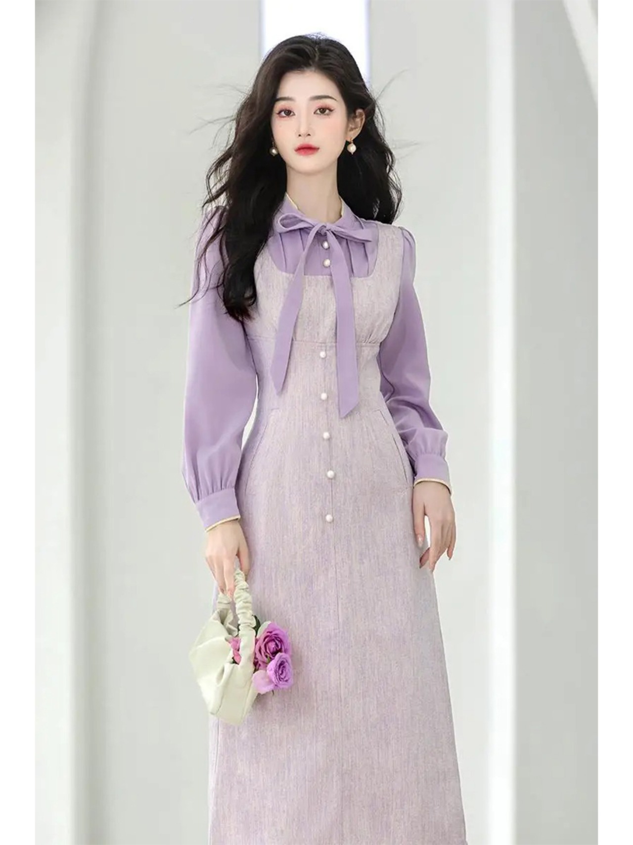 【0133】Lavender Fake layered Long Sleeve Dress