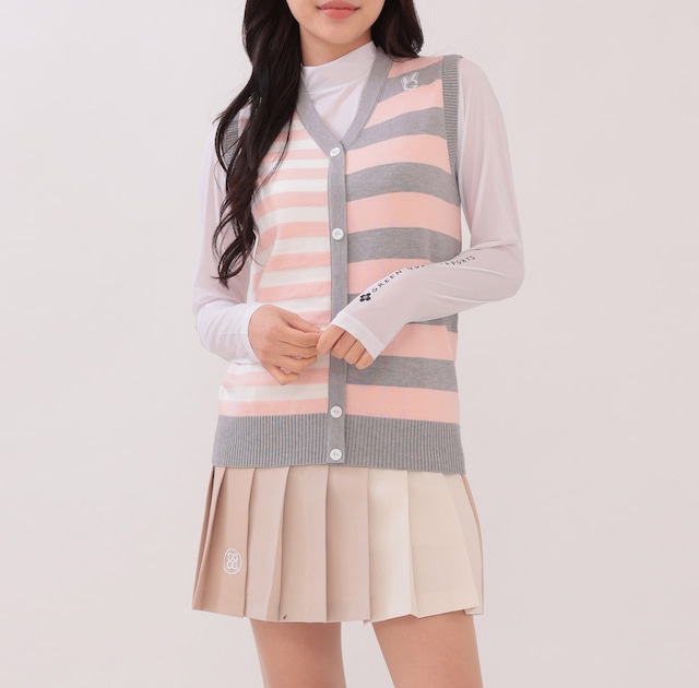 【セール】ストライプVネックニットベスト