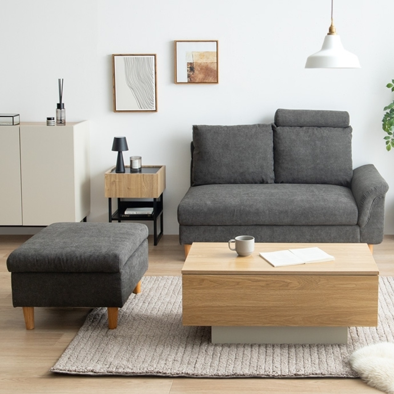 2人掛け 収納カウチソファ オットマン付き 2点セット