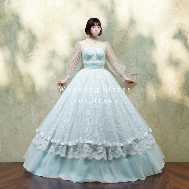 【オーダー制作】ウエディングドレス(無料パニエ)　	ウエディングドレス.ブルー.カラードレス.ロングスリーブ.Aライン	※制作期間4週間から8週間	Y1034