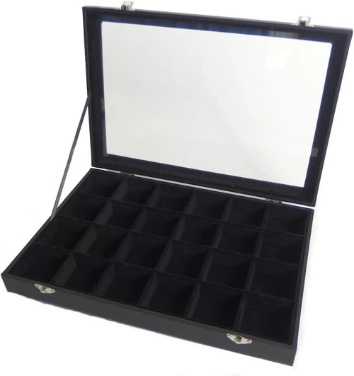 ジュエリーボックス　アクセサリーボックス　収納　アクセサリー　缶バッチ収納　コレクションボックス　ジュエリーケース　透明　リング　ブレスレット　缶バッチ　ディスプレイケース 黒革　24グリッド　30グリッド　ギフト
