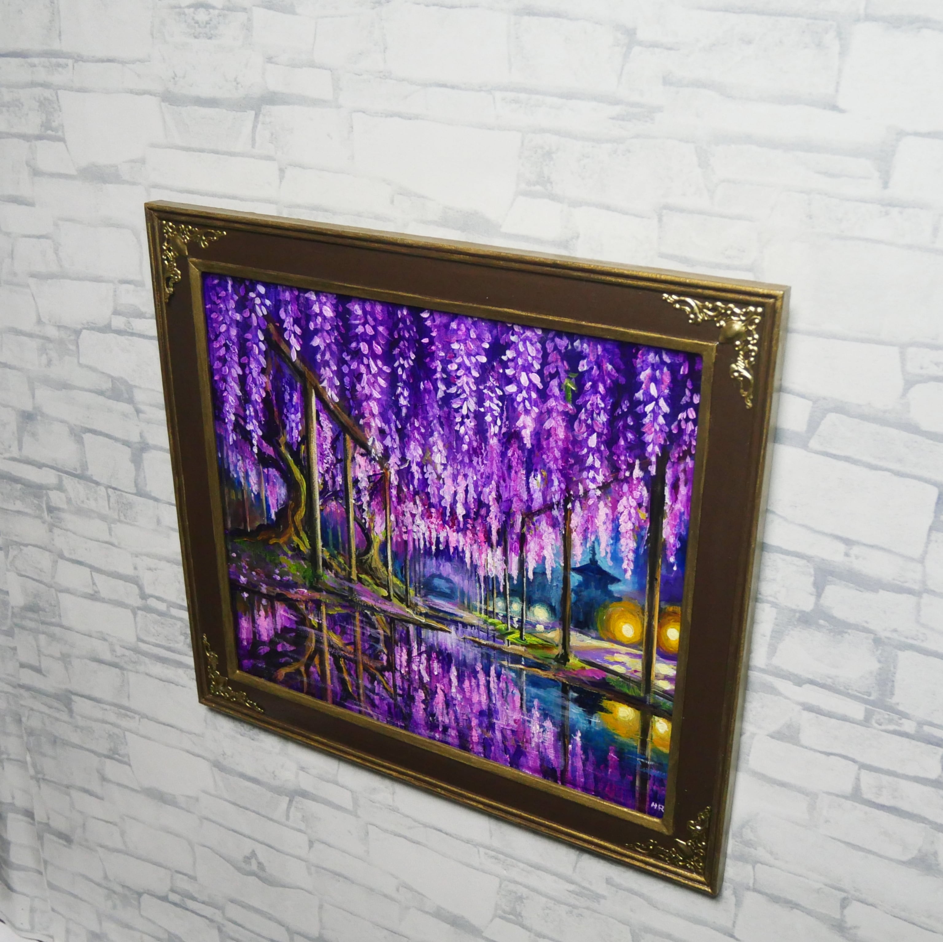 藤の花の油絵【紫光のカーテン】白毫寺 九尺ふじ 原画 一点物