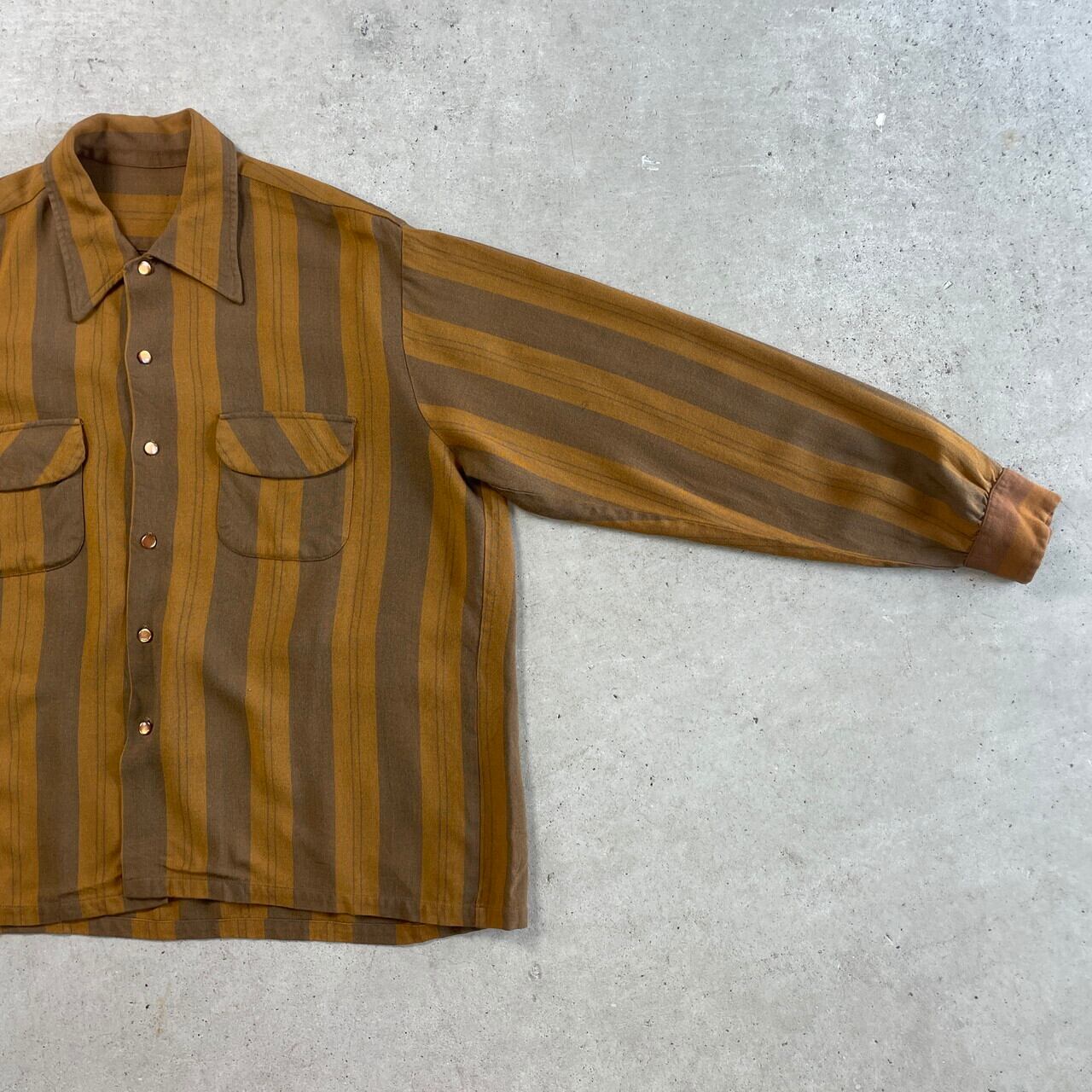 70年代 UNKNOWN レーヨン混 長袖シャツ ストライプ 襟芯 短丈 