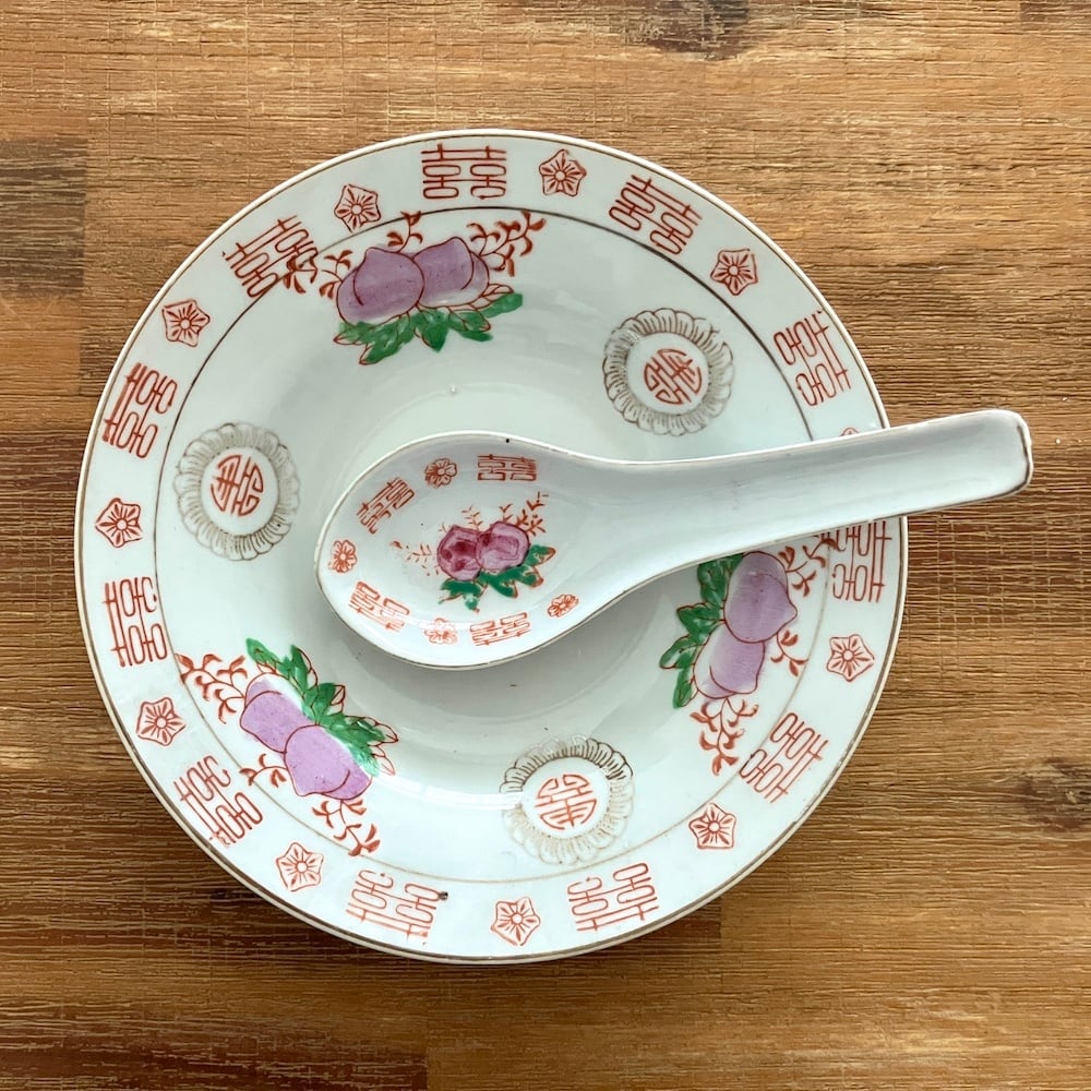 再入荷 ]レトロチャイナ皿｜桃とダブルハピネス 皿とレンゲのSet