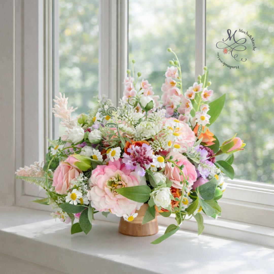 光触媒フラワー】牡丹と薔薇の幸福アレンジ 〜幸せを呼ぶ鈴蘭と野花の