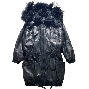 archive GIANNI VERSACE black leather coat with removable feather hood