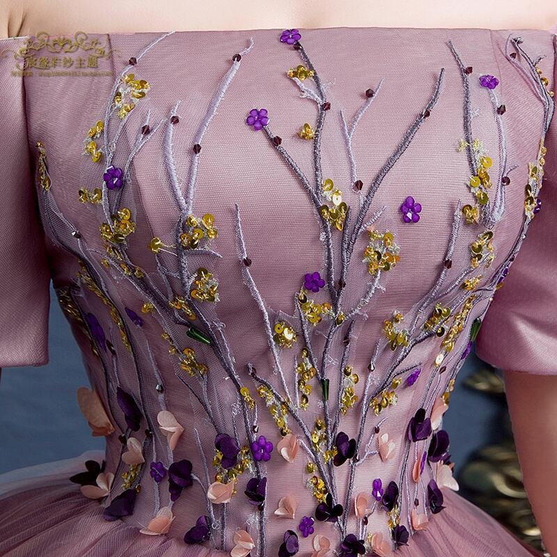 美品！カラードレス ピンク 花モチーフ オフショル プリンセスライン フレアスカート 憧れのドレス エレガント 可愛い シアーな美しさ