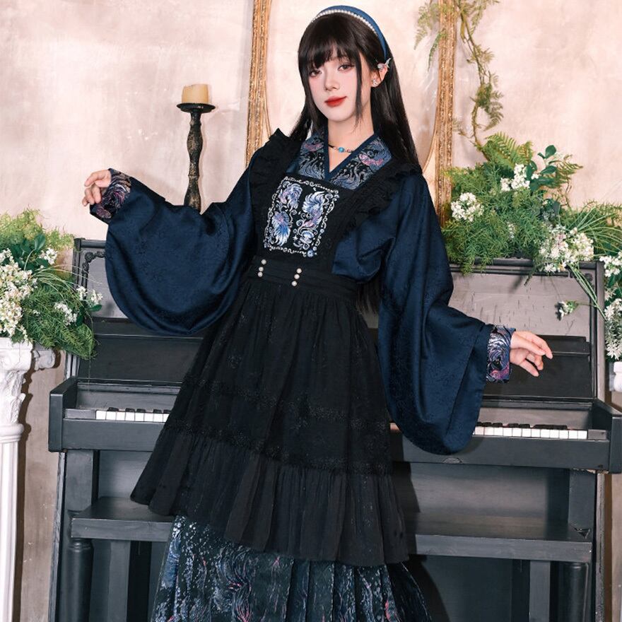 中華ゴシック チャイナ風刺繍エプロンドレス ブラック