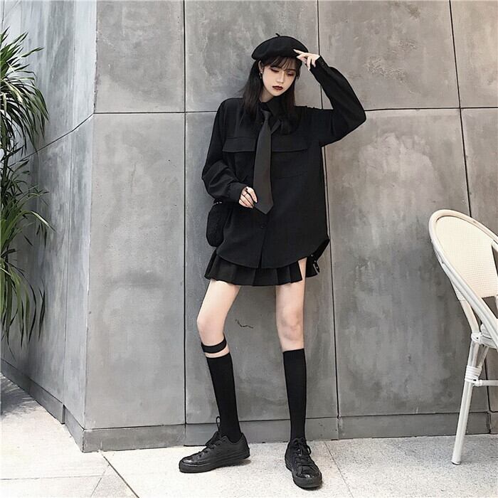 再入荷 ゴスロリ 黒 シャツ ネクタイ 黒ゴス 病み可愛い ゴシック 大人可愛い モード系 韓国 オルチャン サブカル系専門店 Ladies Fashion Seasonz