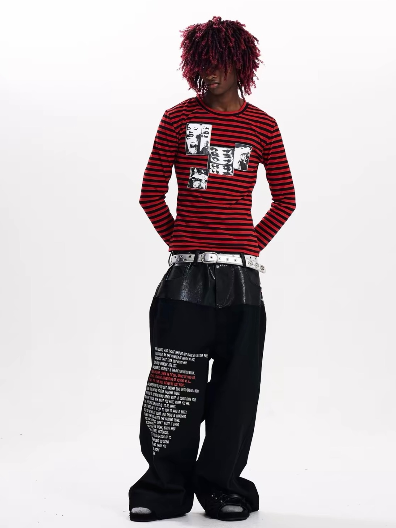 【Fourth3ex】Red Stripe Graphic Long Sleeve T-Shirt