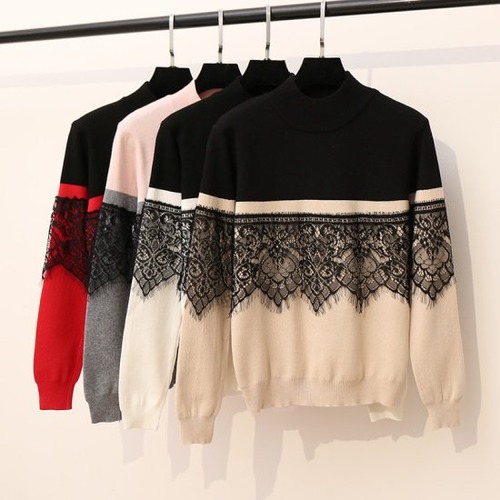 ニット トップス レディース 韓国 ファッション レース 異素材ミックス  レース 刺繍 バイカラー まつ毛レース 異素材ニット ガーリー 花柄レース 柄ニット クルーネック 刺繍 ニット セーター