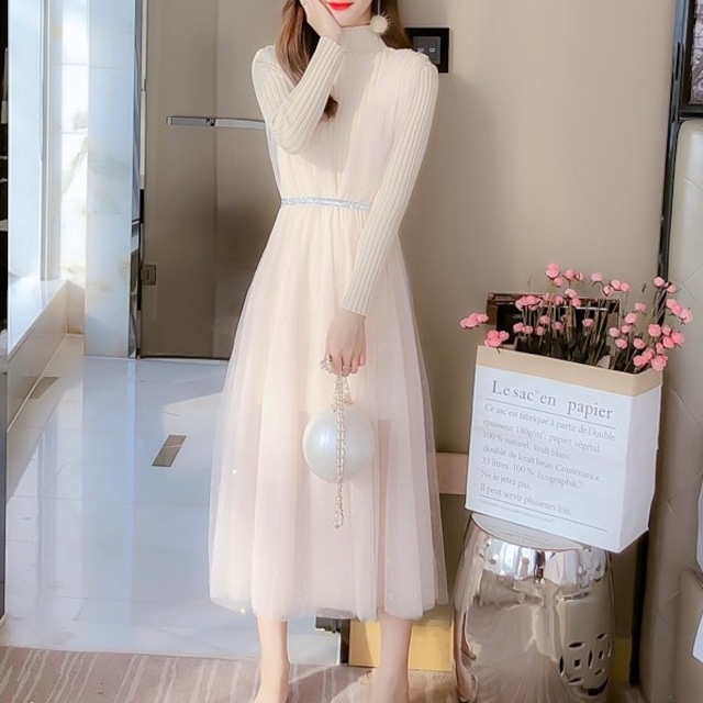 【S~XL,1color】ニット＆チュール ワンピース a091