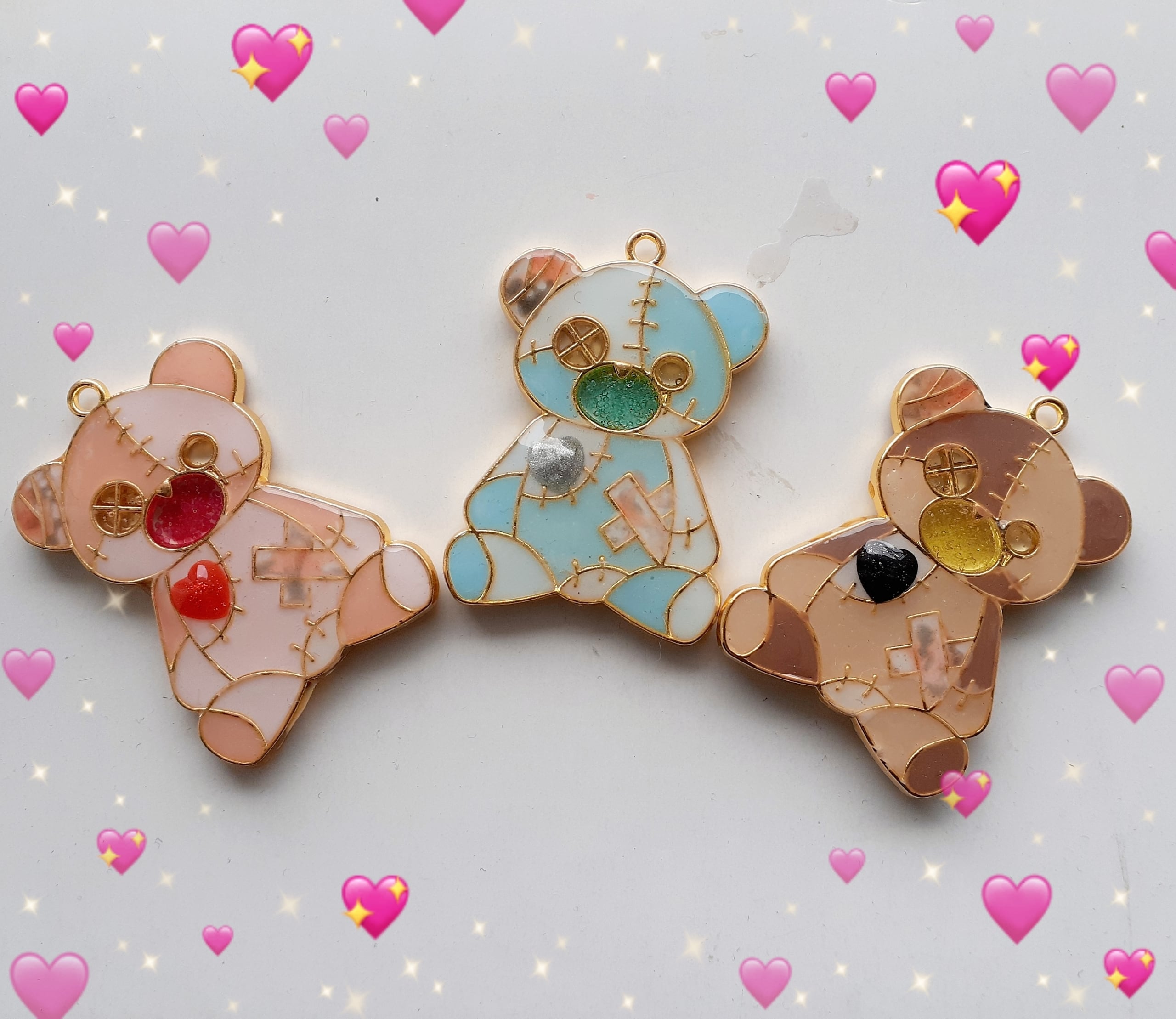 クマちゃん かすみ草 ピンク レジン ハート リボン じゃらじゃら ピアス