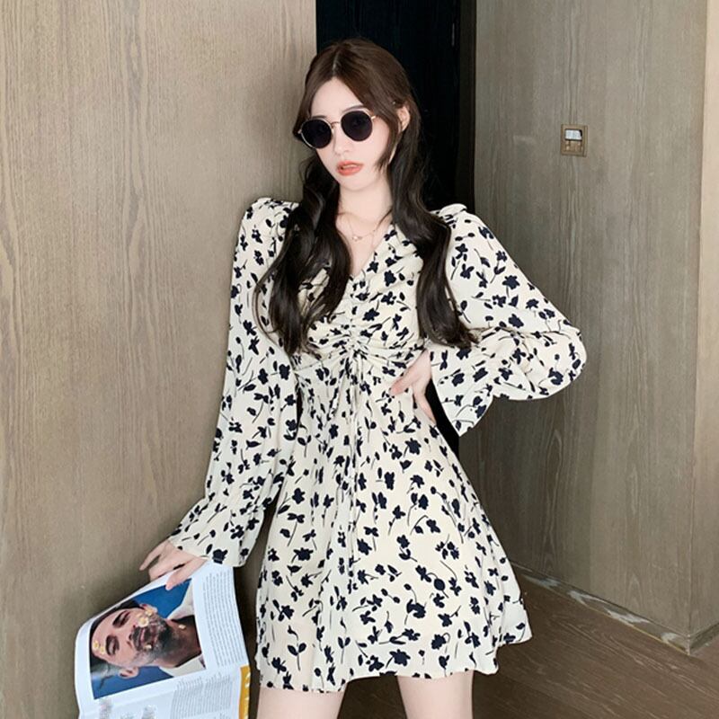 スプリングVネックギャザーフローラルドレス ウェストスカート 春物 花柄 YY-ファッション86678600158