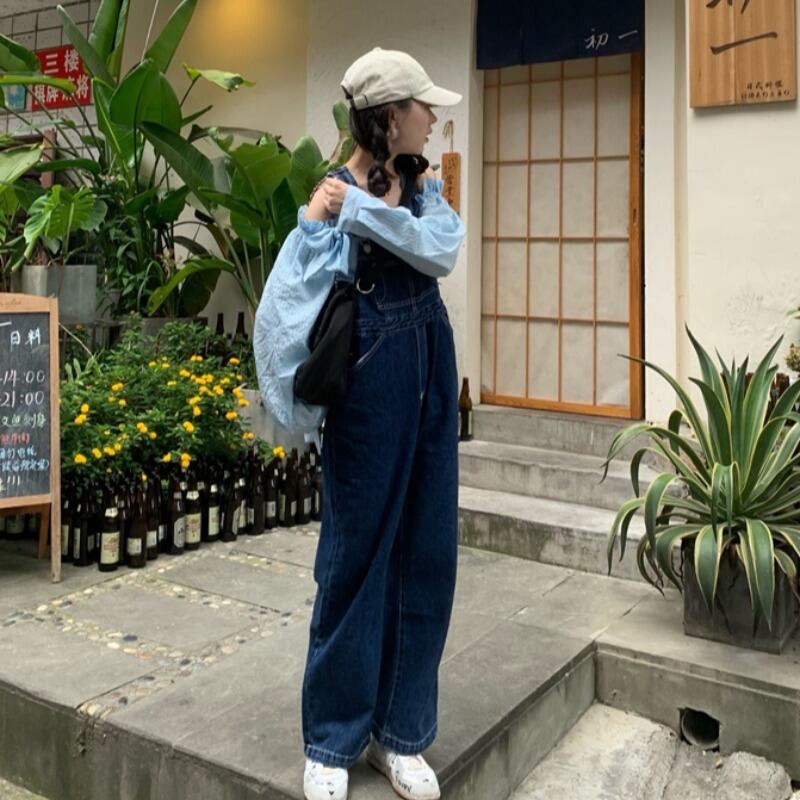 スタンダードダークブルーオーバーオール オータムパンツ レトロ 秋物 萌量不足4157712205