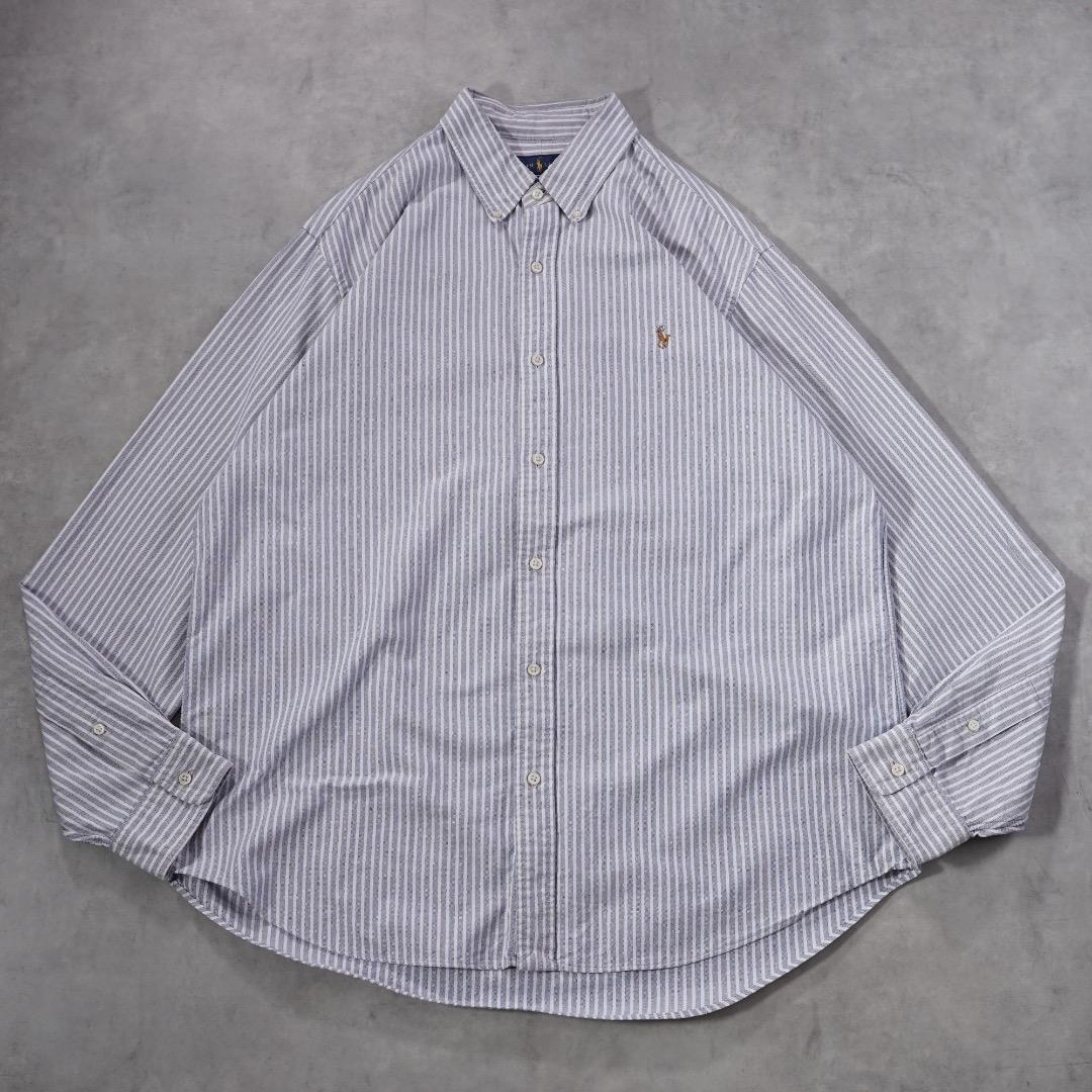 ラルフローレン ストライプシャツ 古着 ポニー 刺繍 XL 青 白 19286