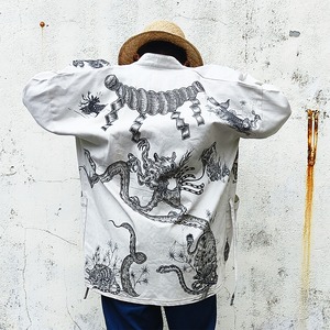 第二弾【 THE SAME A】 メモリアル作務衣  コットン100% ホワイトデニム ライトジャケット カーディガン アウター ストリート アメカジ メンズ ユニセックス アウトドア  おしゃれ【fm-sameA-memowht-2】