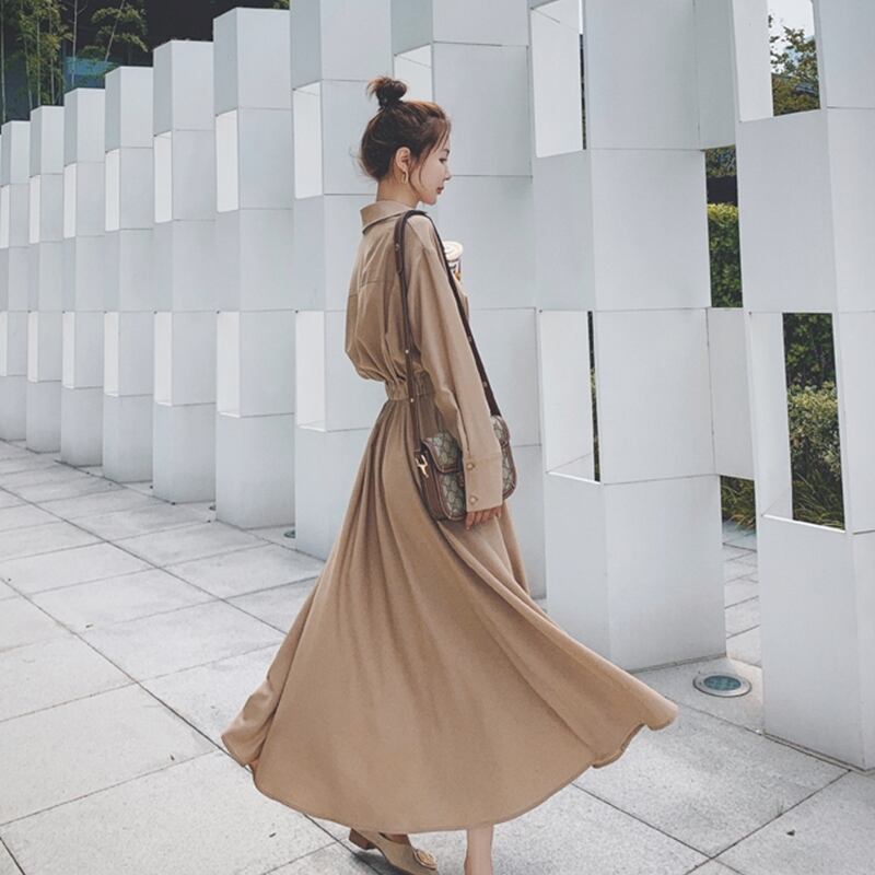 即納品】テラコッタカラーが可愛い♪ シンプル ロングシャツワンピース