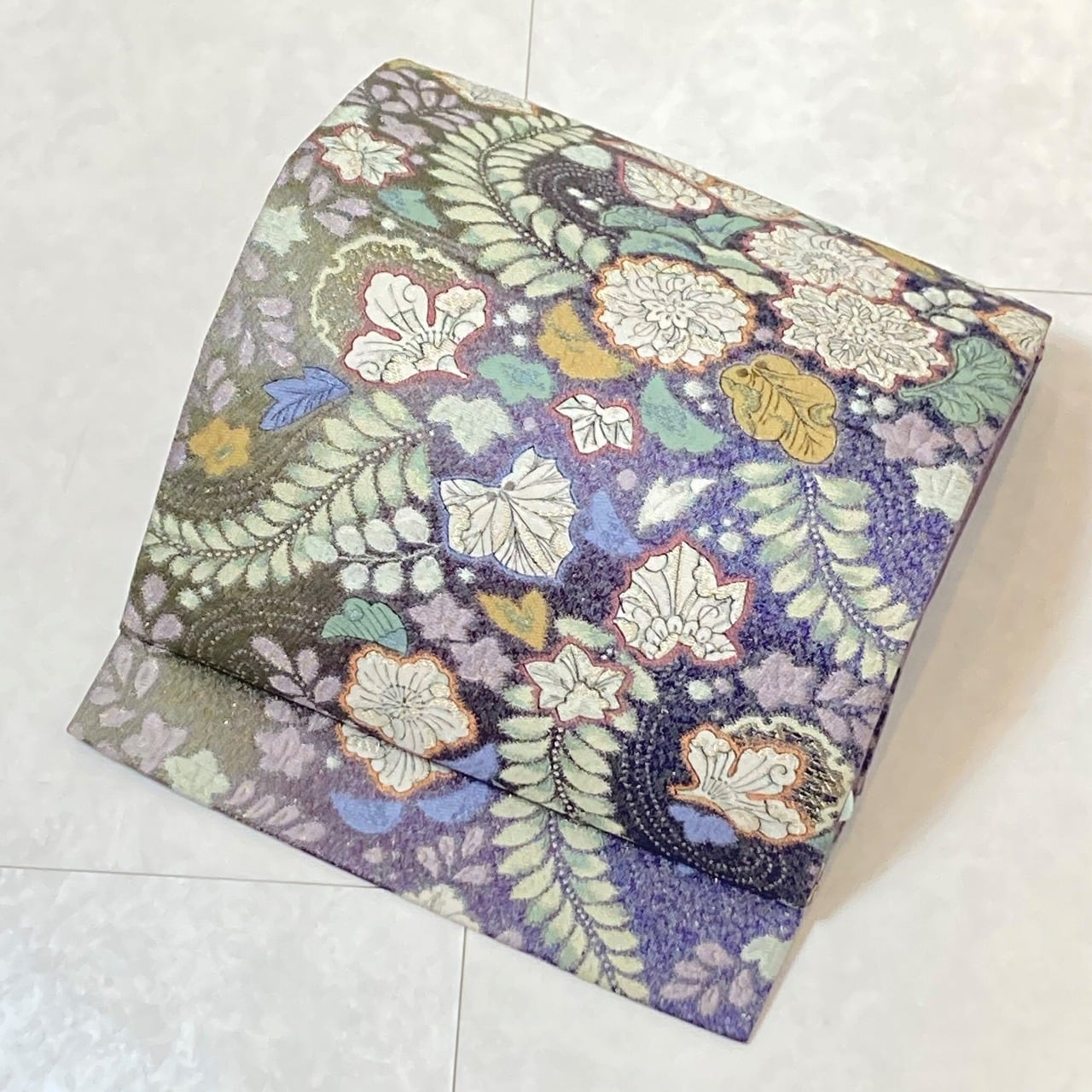 辻が花 膨れ織り 雪輪 袋帯 正絹 金糸 紫 黄緑 511 | kimono Re:和
