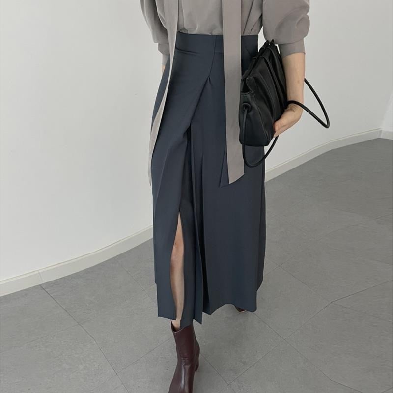 韓国風 個性派 ハイウエストプリーツ スリットスカート ◆3col YH8656