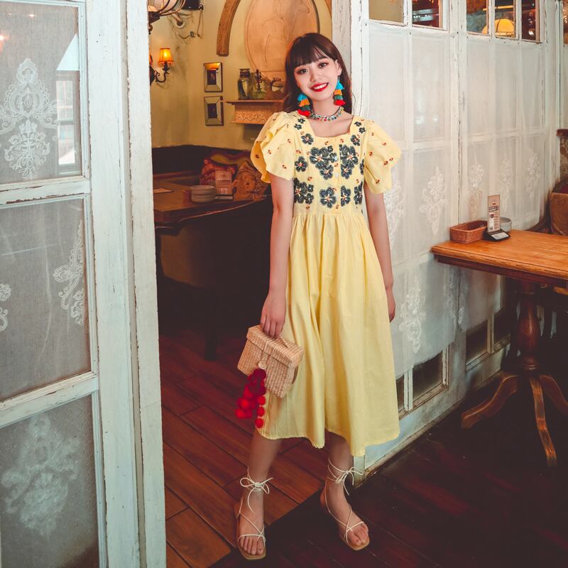 エスニックスタイル刺繍ドレス ボタンスリーブウェスト 延命家ファッション52775513039