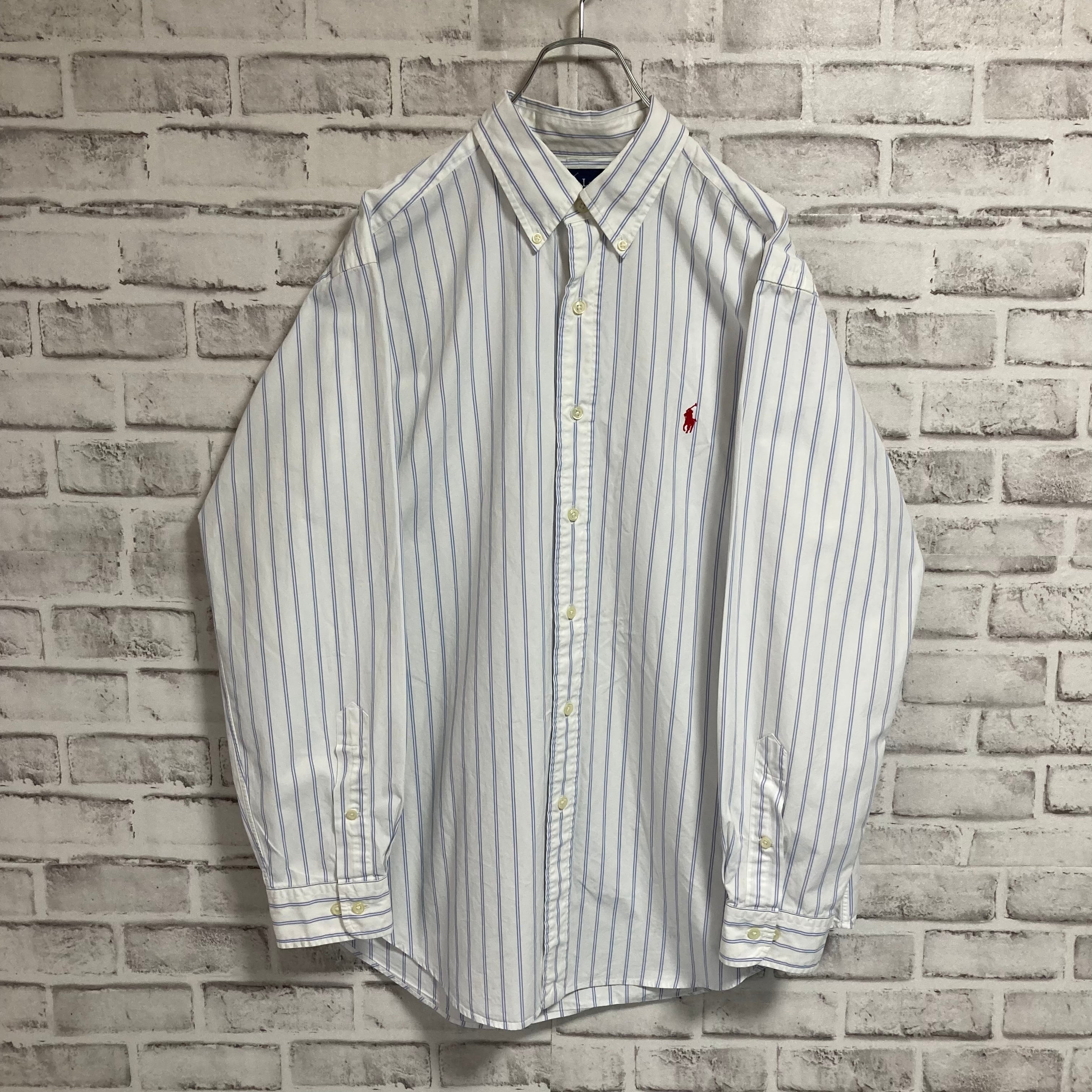 【Ralph Lauren】L/S Stripe BD Shirt L相当 90s ラルフローレン ストライプ BDシャツ ボタンダウン 長袖  ポニーロゴ 刺繍ロゴ 胸ロゴ アメリカ USA 古着