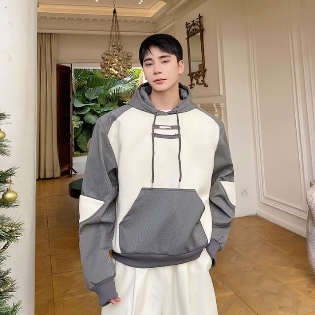 【予約販売】パーカー フーディー シンプル 長袖 メンズ グレー シンプル バイカラー ポケット 無地 カジュアル こなれ感 お洒落 韓国 トレンド 冬秋春 M/L/XL