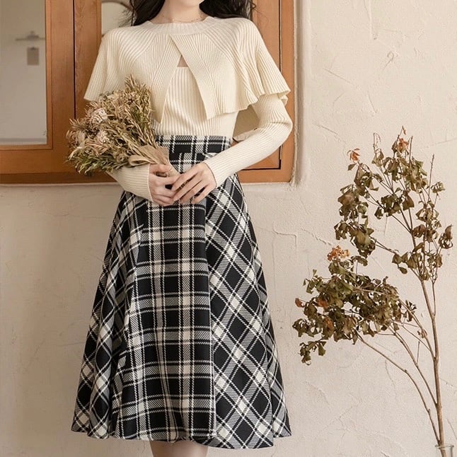 ケープ風ニットトップス×フェミニンチェックスカートセット✽L113