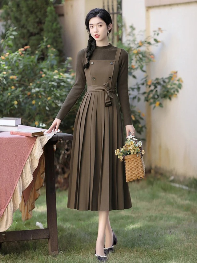 【0249】Waist Ribbon Pleats Long Sleeve Dress
