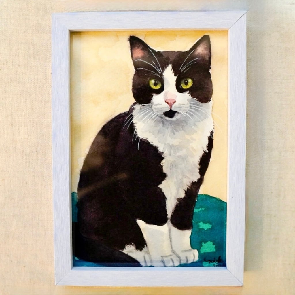 猫の絵 437 水彩画 原画 あごちょんハチワレ | Forest cat