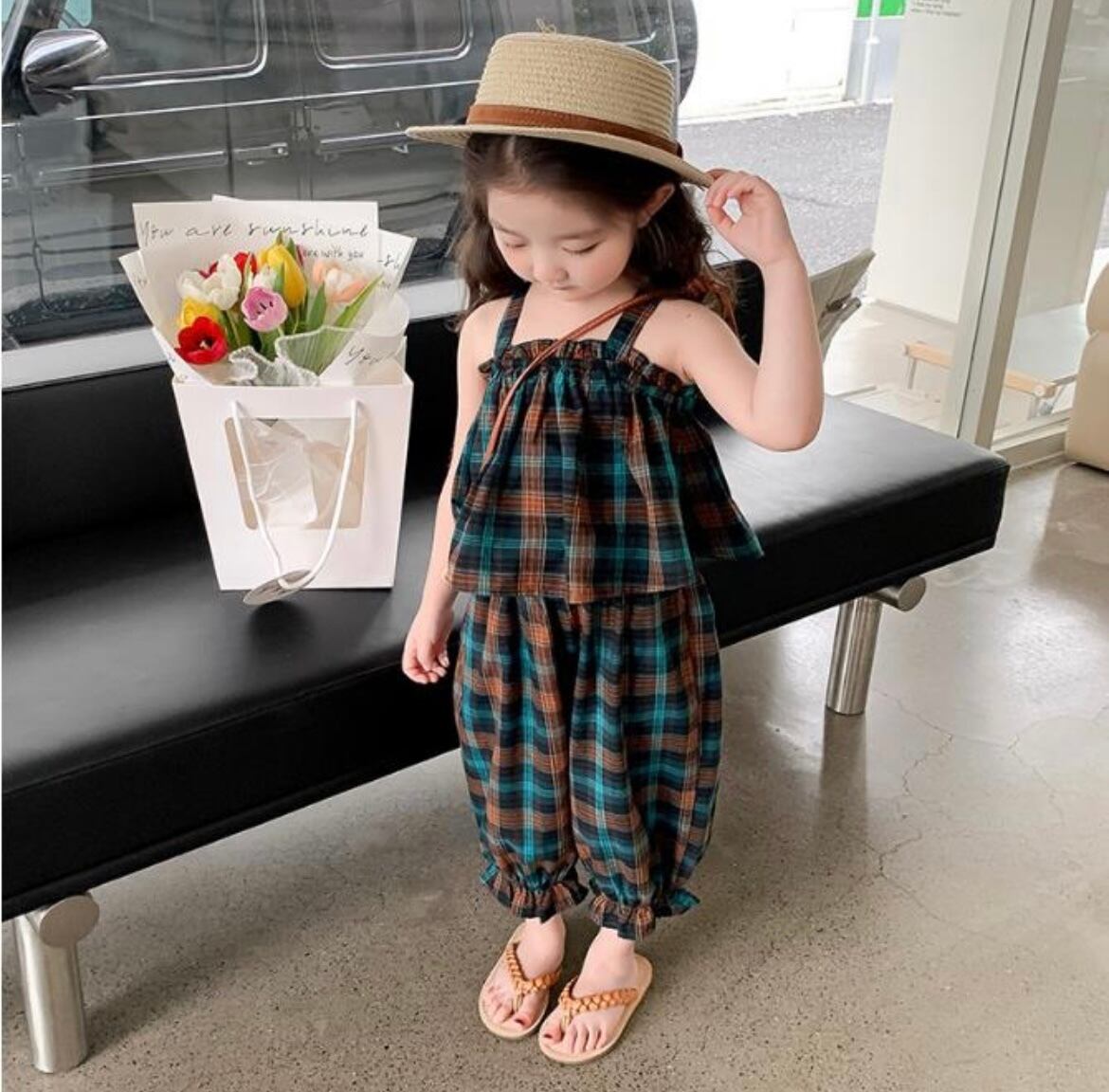 希少NO ID セットアップフリンジチェック韓国柄奇抜