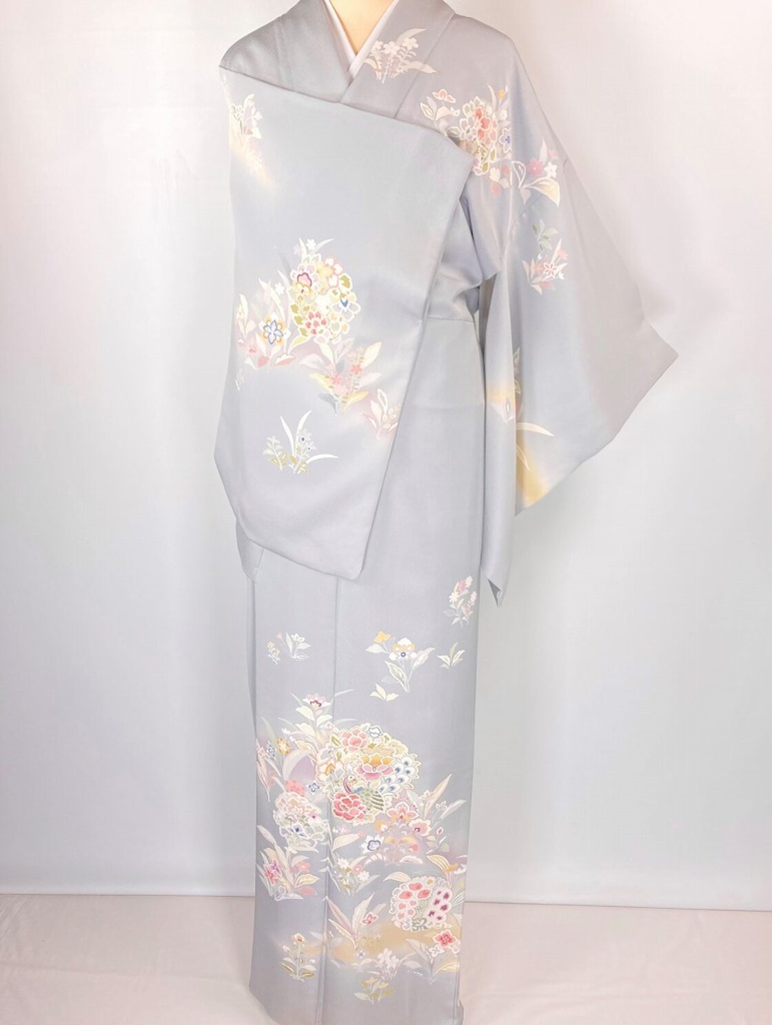 手描き友禅 一部刺繍 金彩 訪問着 正絹 花柄 薄紫 水色 白 ピンク 白 