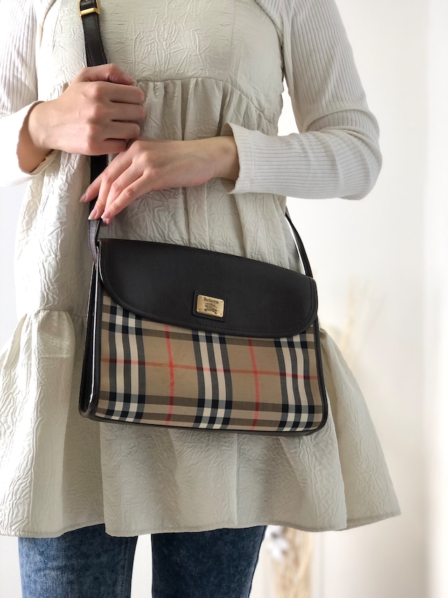 BURBERRY バーバリー クラシックチェック レザー×キャンバス ショルダーバッグ ベージュ×ブラウン vintage ヴィンテージ オールド sxruwc