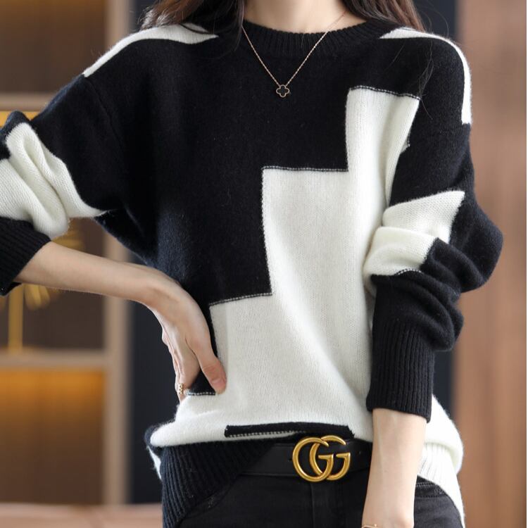 ウールニットセーター レディース 長袖 配色ボーダー クルーネック 秋冬 高品質ニットトップス A10033