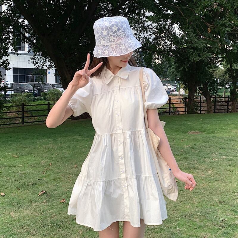 2020年夏の新作レディースレトロパフスリーブシャツワンピース学生ポロカラーAラインショートスカート 1号婦人19687019273