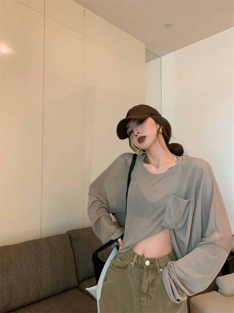 Tシャツ ショートルーズブラウス サマーグレー薄手ポケットトップス ロング 夏物 ブラックストロベリース22540678136