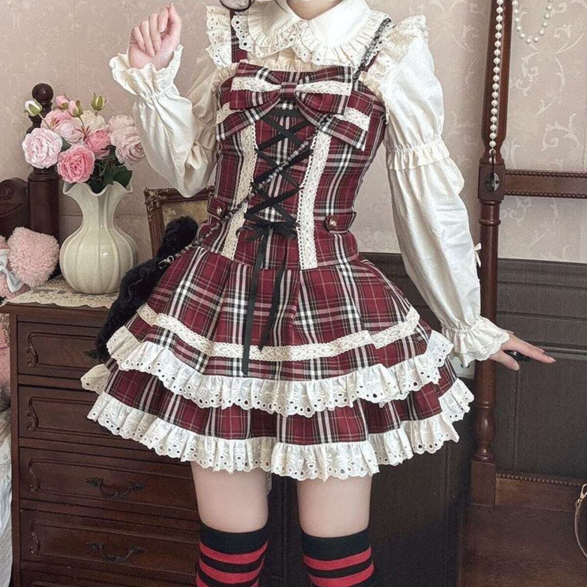 甘ロリ JSK クラシカルチェック×レース×編み上げ 細見えシルエット