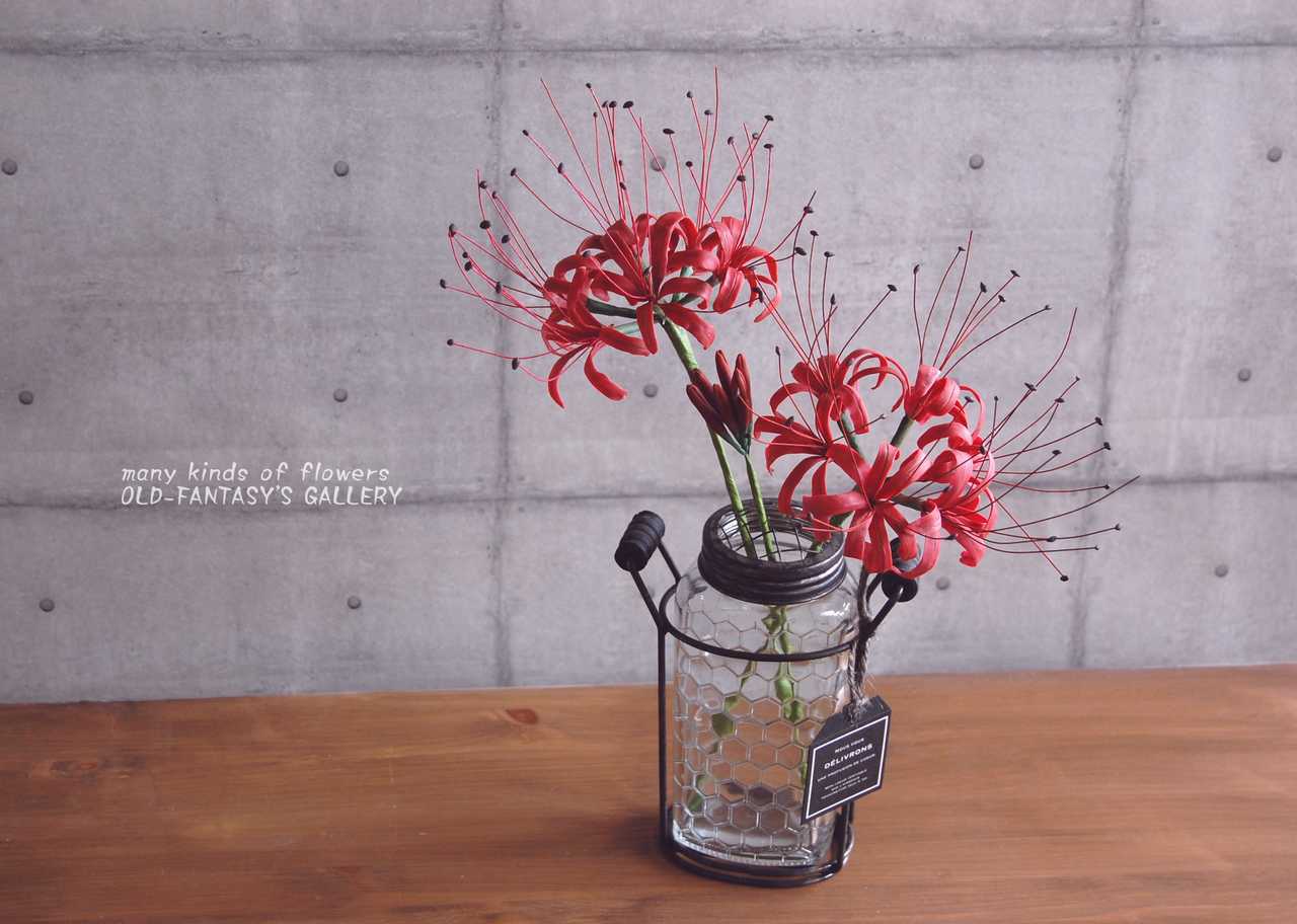 粘土のお花 ヒガンバナ 彼岸花 をアイアンボトルに飾って 高さ約36センチ H552 Oldfantasy