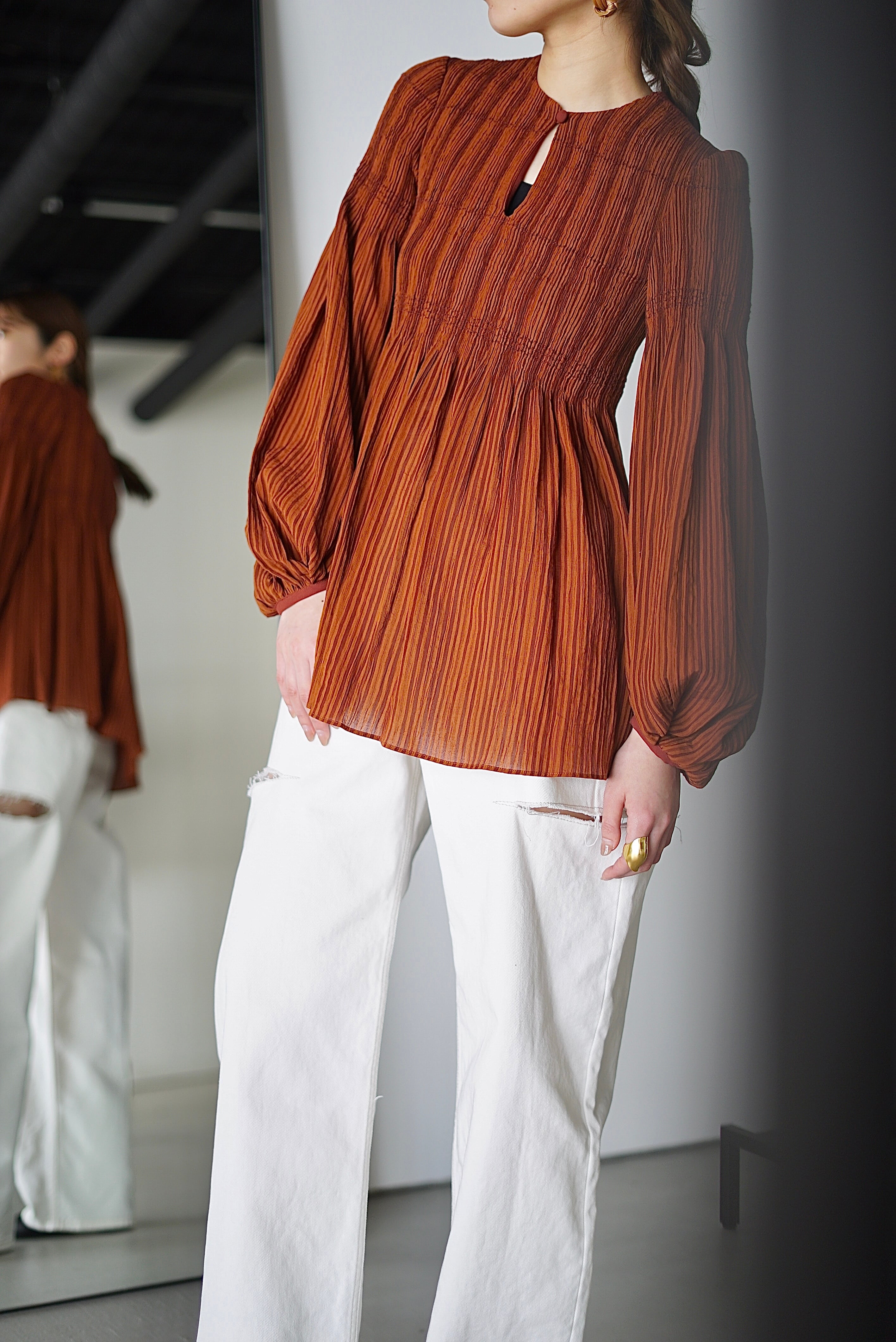 Mame Kurogouchi / Stripe Shirring Jacquard Puff Sleeve Top ( BROWN ...