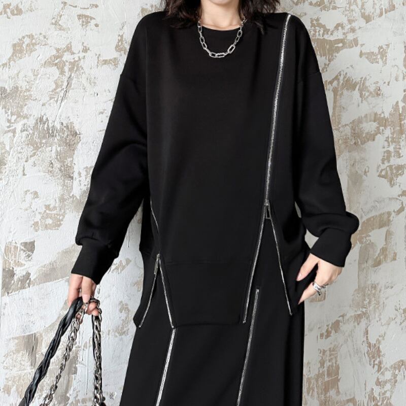 ジップデザイン 長袖 ドロップショルダー スウェット 1color PU0429