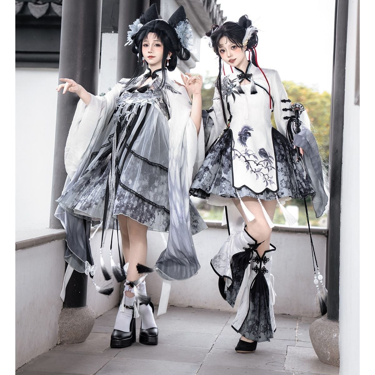 白磁に舞う墨花・振袖チャイナセットアップ：Ver.A | Maiden's Rêve