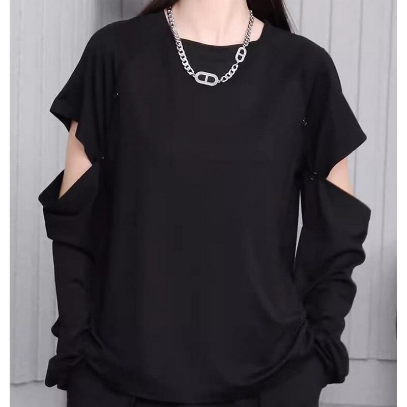 ラウンドネックアームオープンカットソー R0118